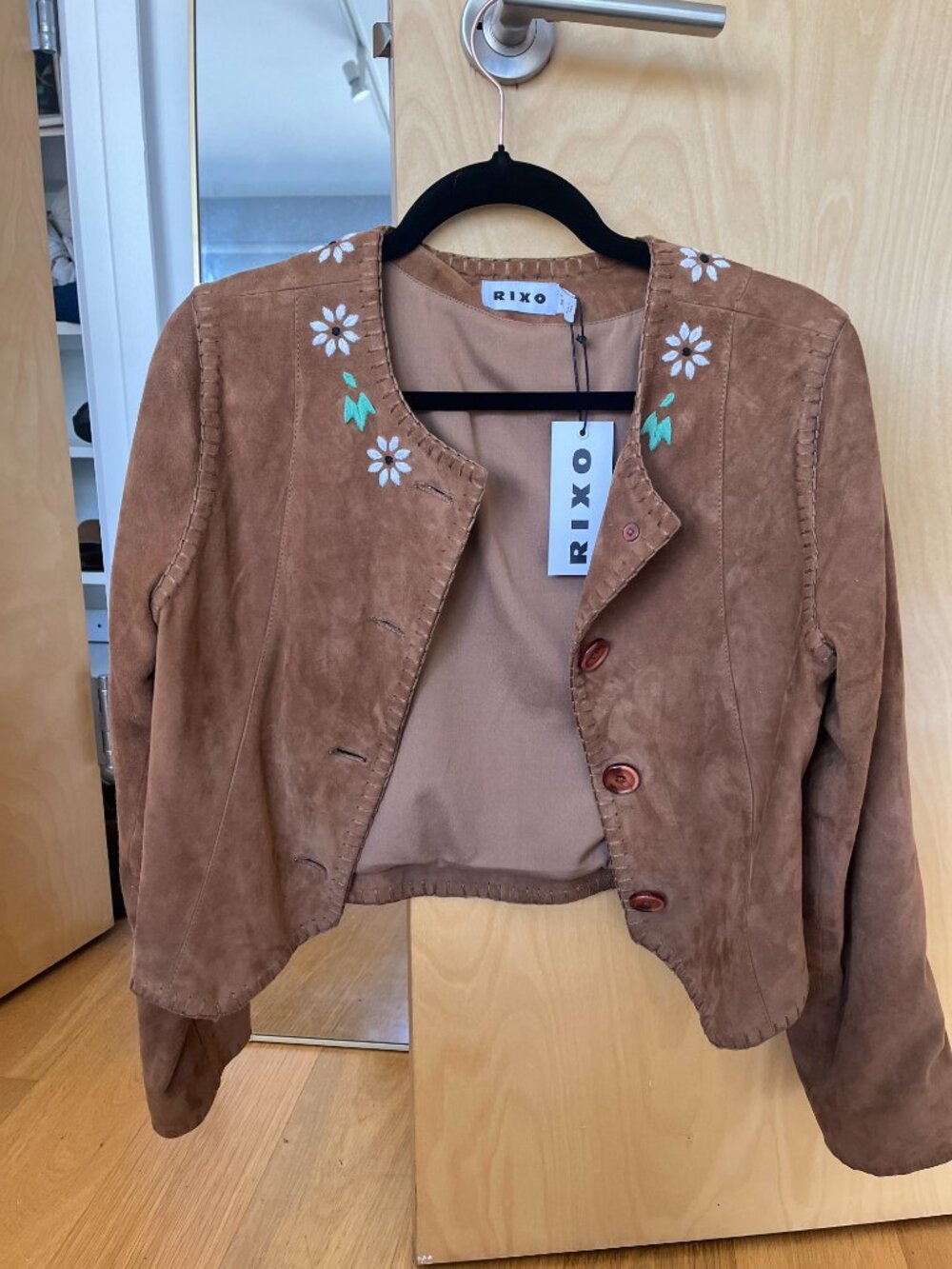 RIXO Tan Suede Embroidered Collar Jacket - Picture 2 of 6